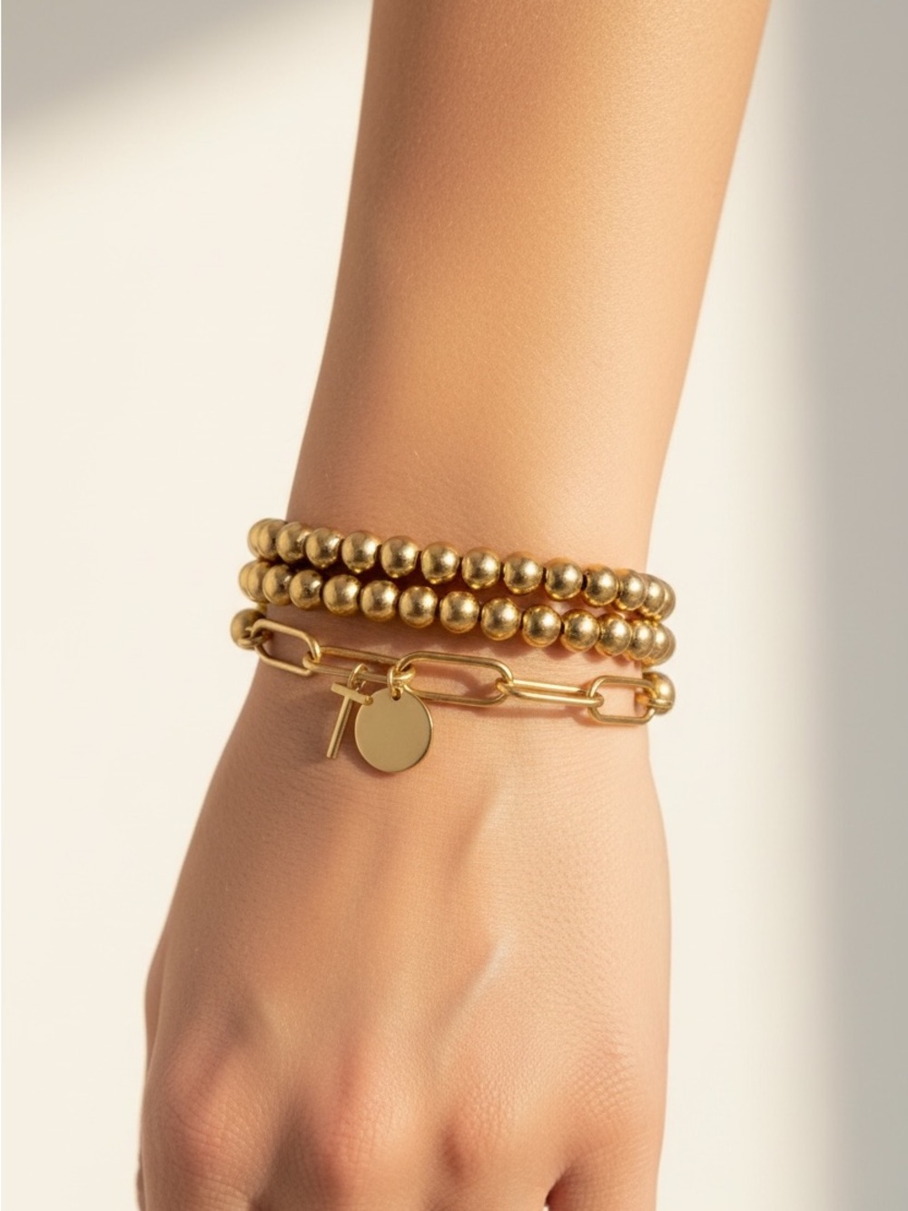 10/22 Gold Beaded & Chain Charm Bracelet Set